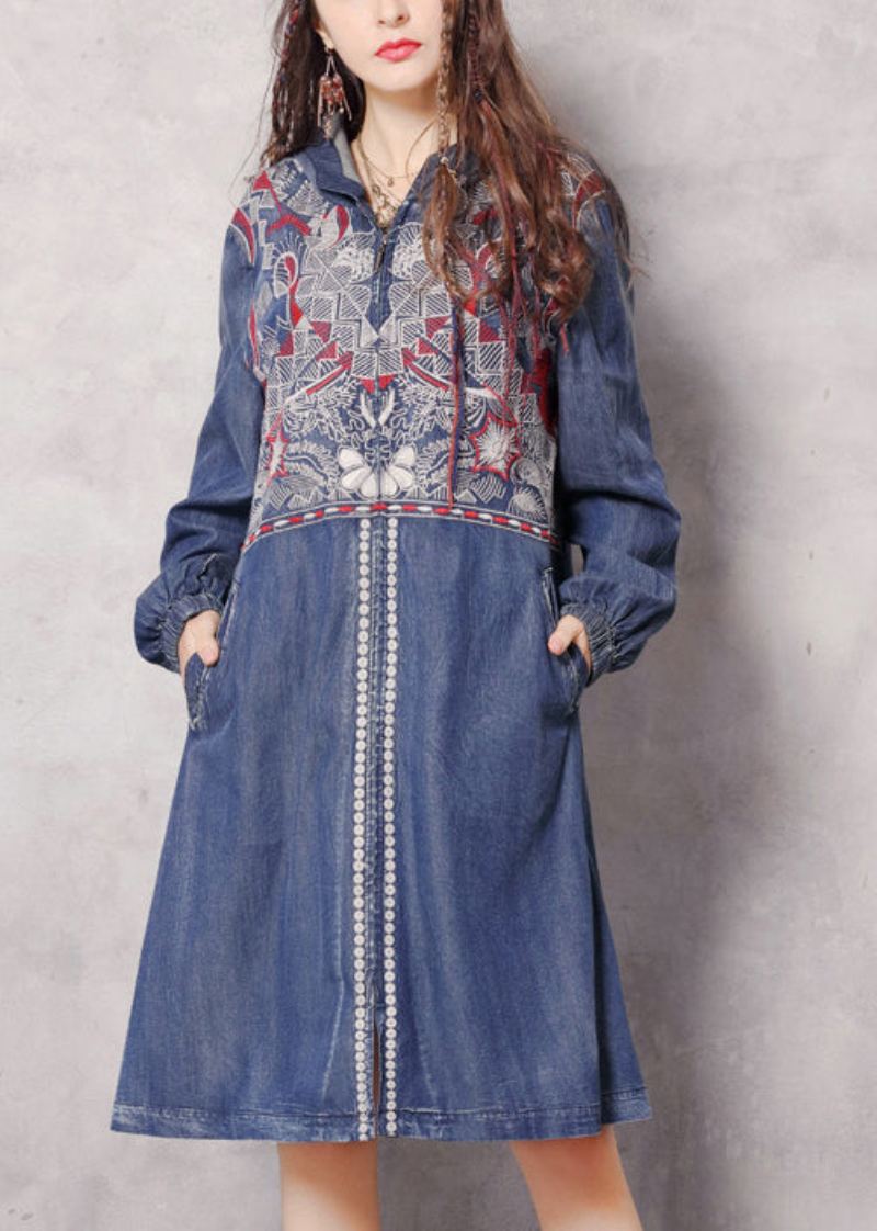 Boutique Bleu Fermeture Éclair À Capuche Poches Brodées Denim Trench Manteaux Printemps