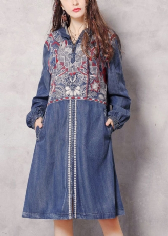 Boutique Bleu Fermeture Éclair À Capuche Poches Brodées Denim Trench Manteaux Printemps