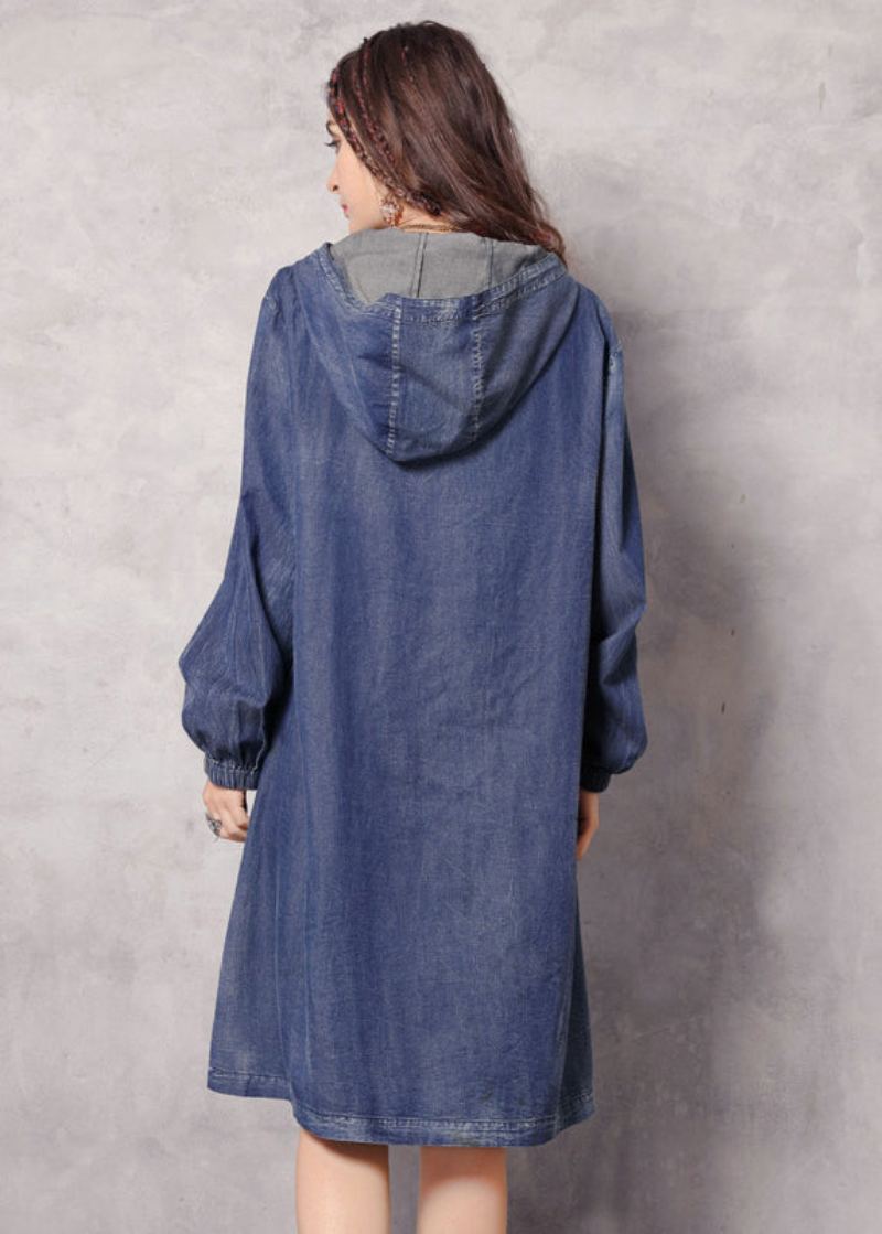 Boutique Bleu Fermeture Éclair À Capuche Poches Brodées Denim Trench Manteaux Printemps - Trenchs femmes