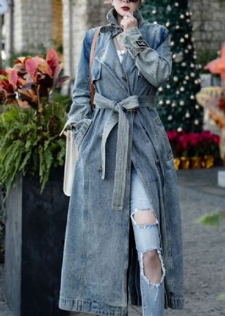 Boutique Bleu Poches Cravate Taille Patchwork Denim Trench Automne