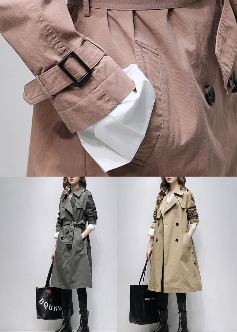 Boutique Gris Poches Crantées Cravate Taille Coton Trench Printemps - Trenchs femmes