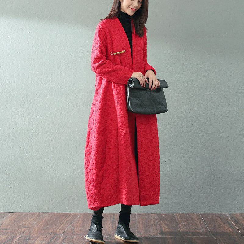 Boutique Manteau Maxi Rouge Tendance Grande Taille Col En V Manteaux Amples En Laine Jacquard Fin - Trenchs femmes