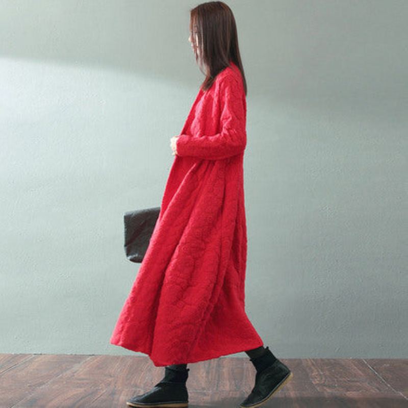 Boutique Manteau Maxi Rouge Tendance Grande Taille Col En V Manteaux Amples En Laine Jacquard Fin - Trenchs femmes