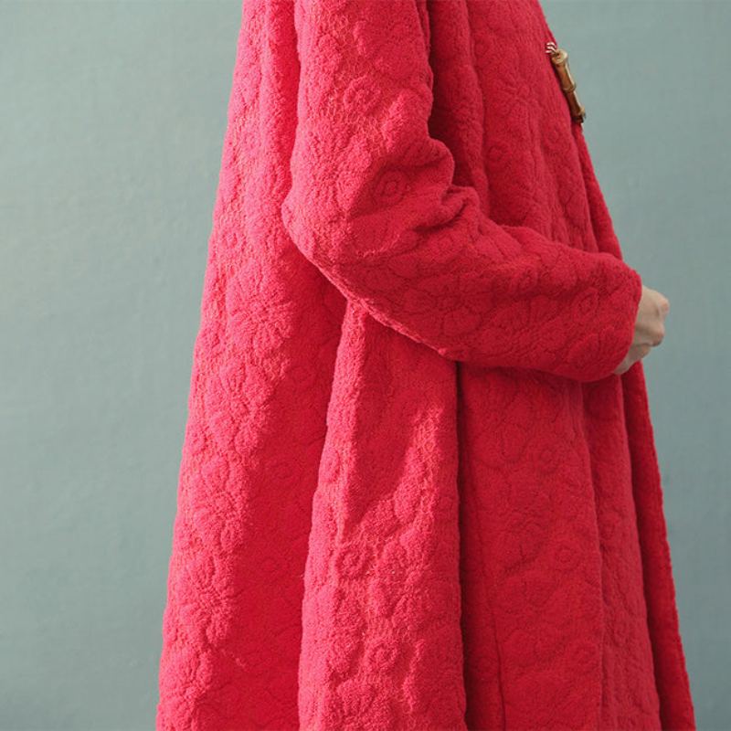 Boutique Manteau Maxi Rouge Tendance Grande Taille Col En V Manteaux Amples En Laine Jacquard Fin - Trenchs femmes