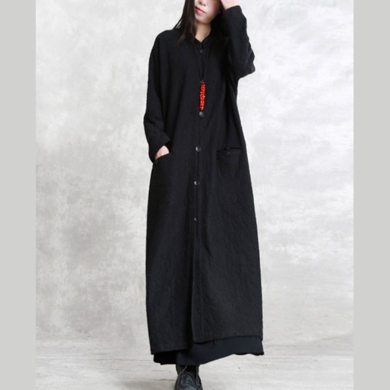 Boutique Manteau Noir Grande Taille Poches Debout Maxi Manches Longues Manteaux Baggy - Trenchs femmes