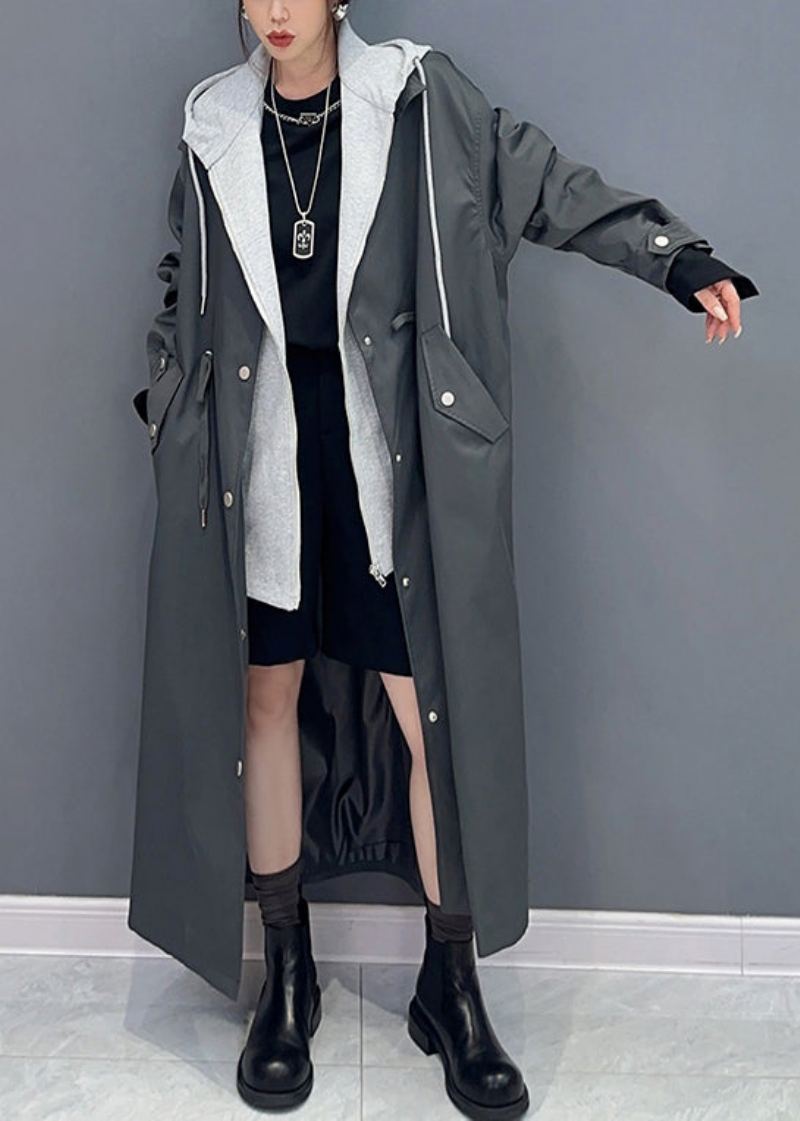 Boutique Noir Poches À Capuche Faux Deux Pièces Patchwork Trench Coat Automne - Trenchs femmes