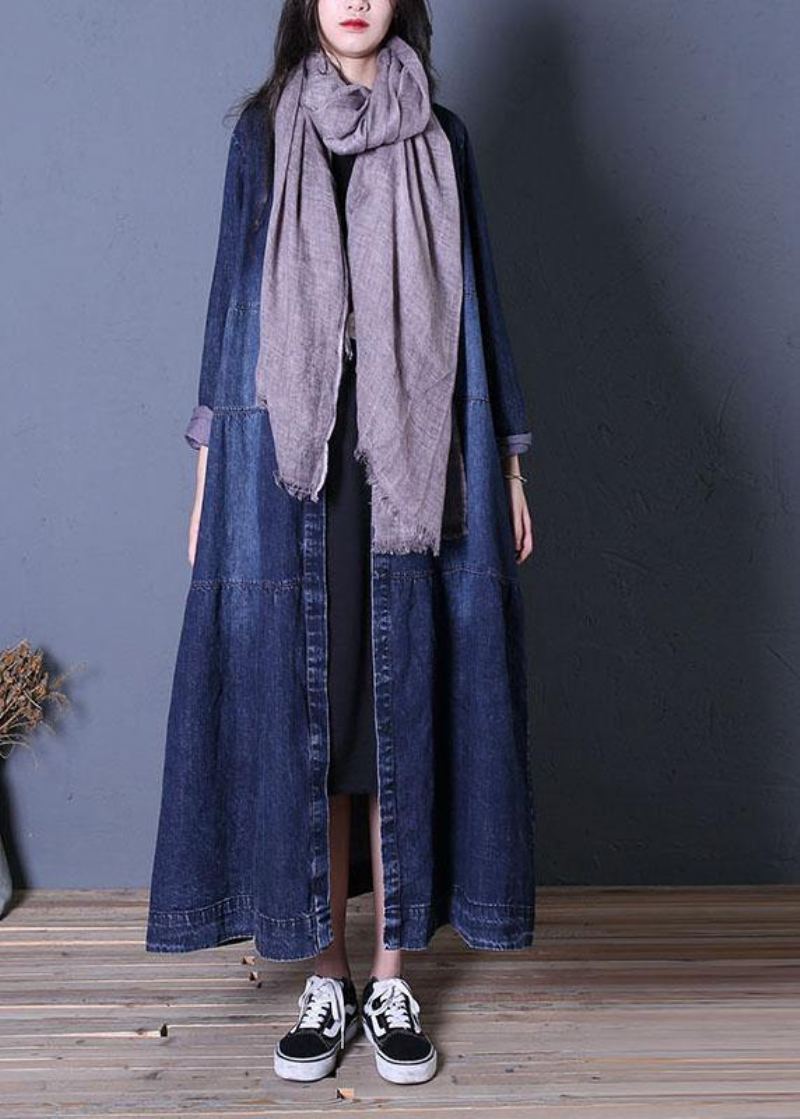 Boutique Surdimensionné Longue Automne Denim Bleu Patchwork Boutonné Femmes Manteaux