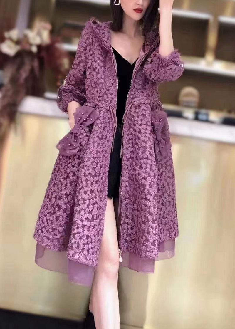 Boutique Violet À Capuche Poches Cordon Patchwork Dentelle Trench Automne