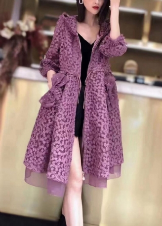 Boutique Violet À Capuche Poches Cordon Patchwork Dentelle Trench Automne