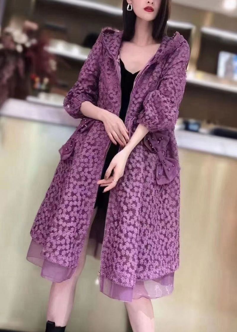 Boutique Violet À Capuche Poches Cordon Patchwork Dentelle Trench Automne - Trenchs femmes