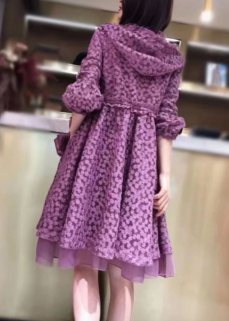 Boutique Violet À Capuche Poches Cordon Patchwork Dentelle Trench Automne - Trenchs femmes