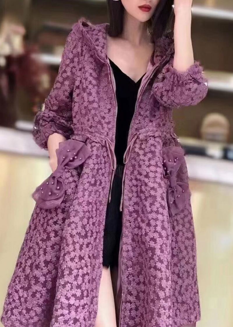 Boutique Violet À Capuche Poches Cordon Patchwork Dentelle Trench Automne - Trenchs femmes