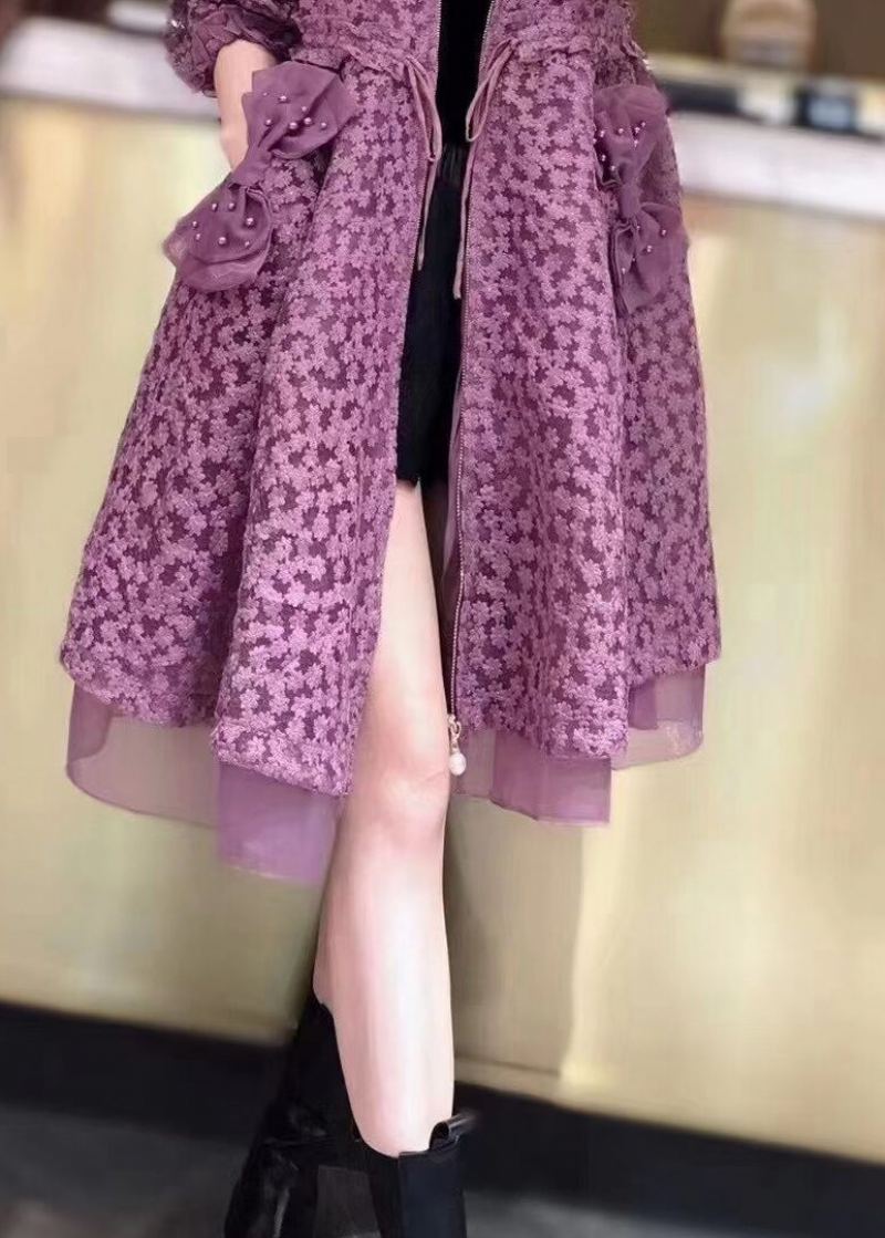 Boutique Violet À Capuche Poches Cordon Patchwork Dentelle Trench Automne - Trenchs femmes