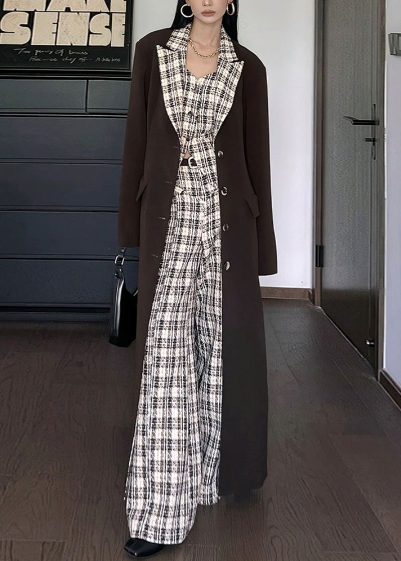 Café Français Col Claudine Bouton Plaid Patchwork Trench Automne