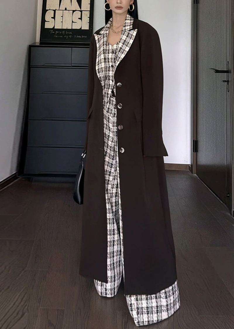 Café Français Col Claudine Bouton Plaid Patchwork Trench Automne - Trenchs femmes