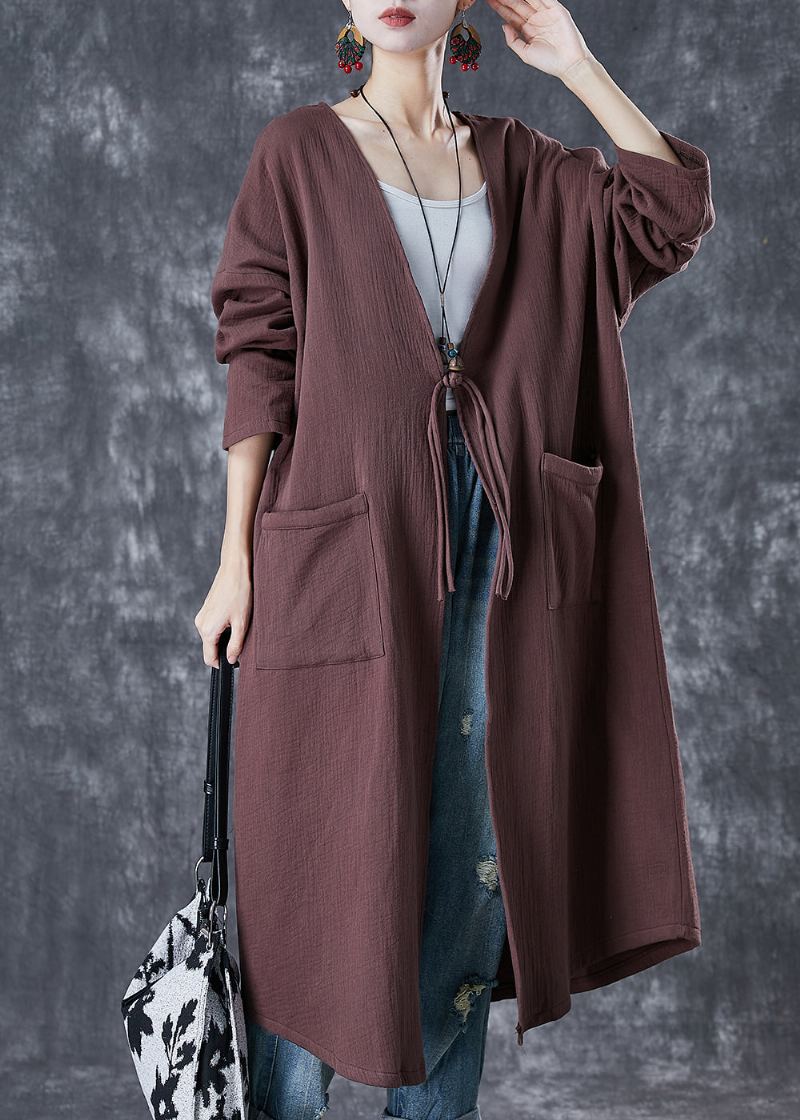 Cardigan Long En Lin Avec Boutons Chinois Surdimensionnés Chocolat Chic Printemps - Trenchs femmes