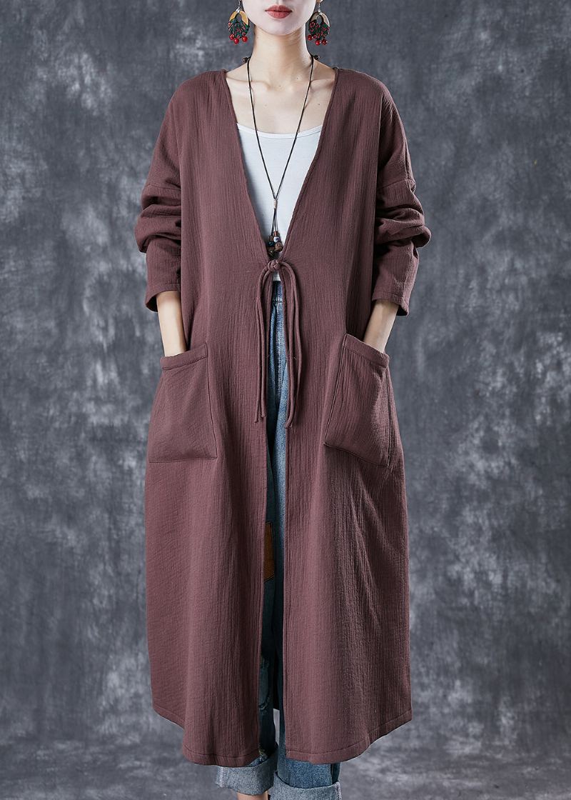 Cardigan Long En Lin Avec Boutons Chinois Surdimensionnés Chocolat Chic Printemps - Trenchs femmes