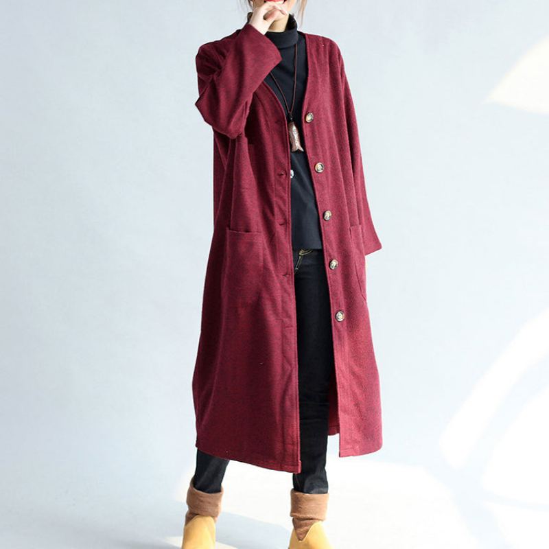 Cardigans En Coton Rouge D'hiver Grande Taille Manches Longues Trench-coat Vintage En Laine