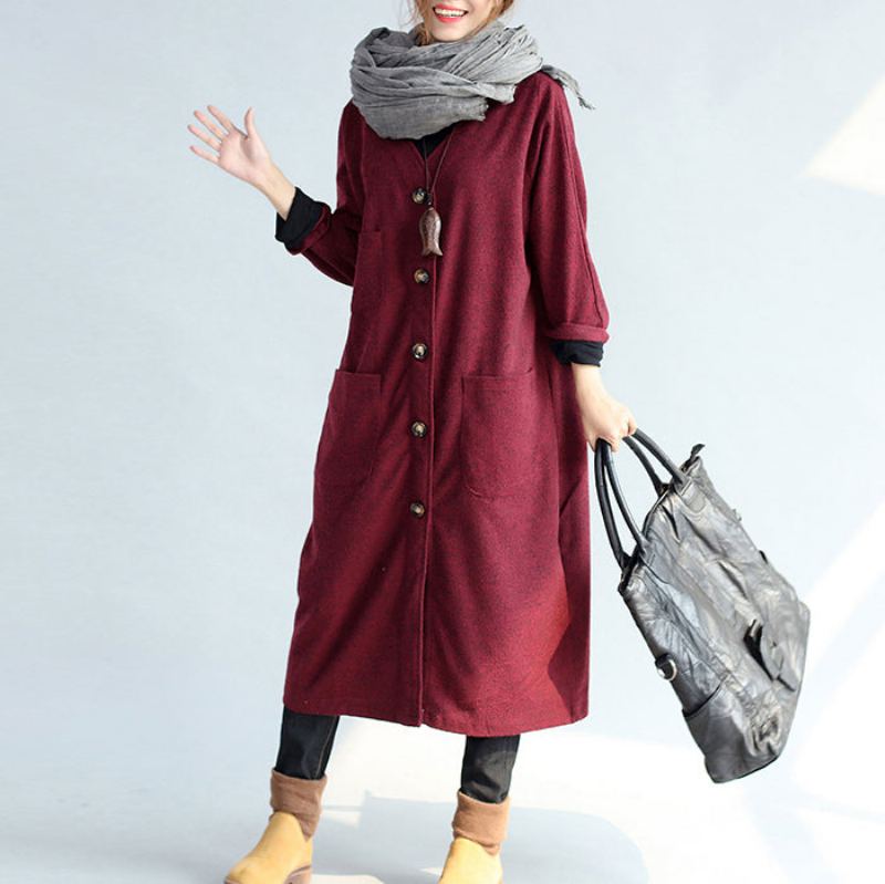 Cardigans En Coton Rouge D'hiver Grande Taille Manches Longues Trench-coat Vintage En Laine - Trenchs femmes