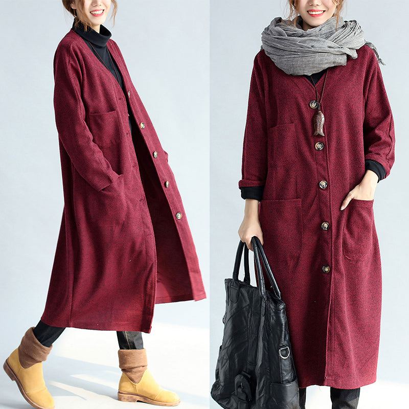 Cardigans En Coton Rouge D'hiver Grande Taille Manches Longues Trench-coat Vintage En Laine - Trenchs femmes