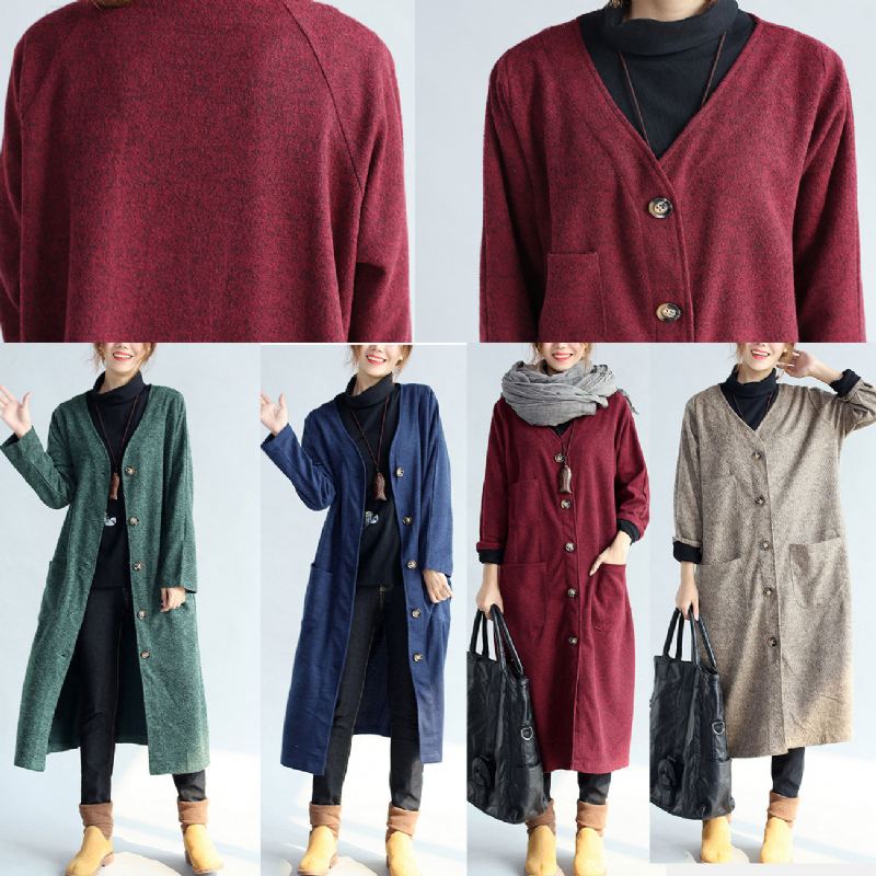 Cardigans En Coton Rouge D'hiver Grande Taille Manches Longues Trench-coat Vintage En Laine - Trenchs femmes