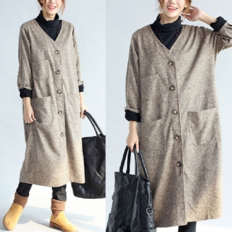 Cardigans Longs En Coton Kaki Avec Poches Vintage Trench-coat Surdimensionné À Manches Longues 2024