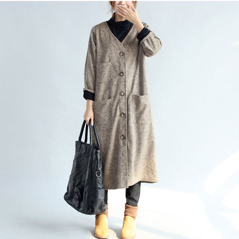 Cardigans Longs En Coton Kaki Avec Poches Vintage Trench-coat Surdimensionné À Manches Longues 2024 - Trenchs femmes