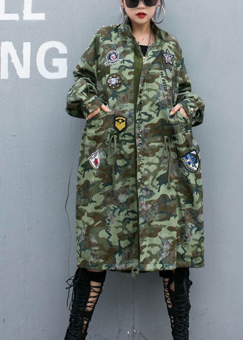 Casual Camouflage Rivet Imprimer Poches Automne Denim Manches Longues Trench Manteaux Manteau