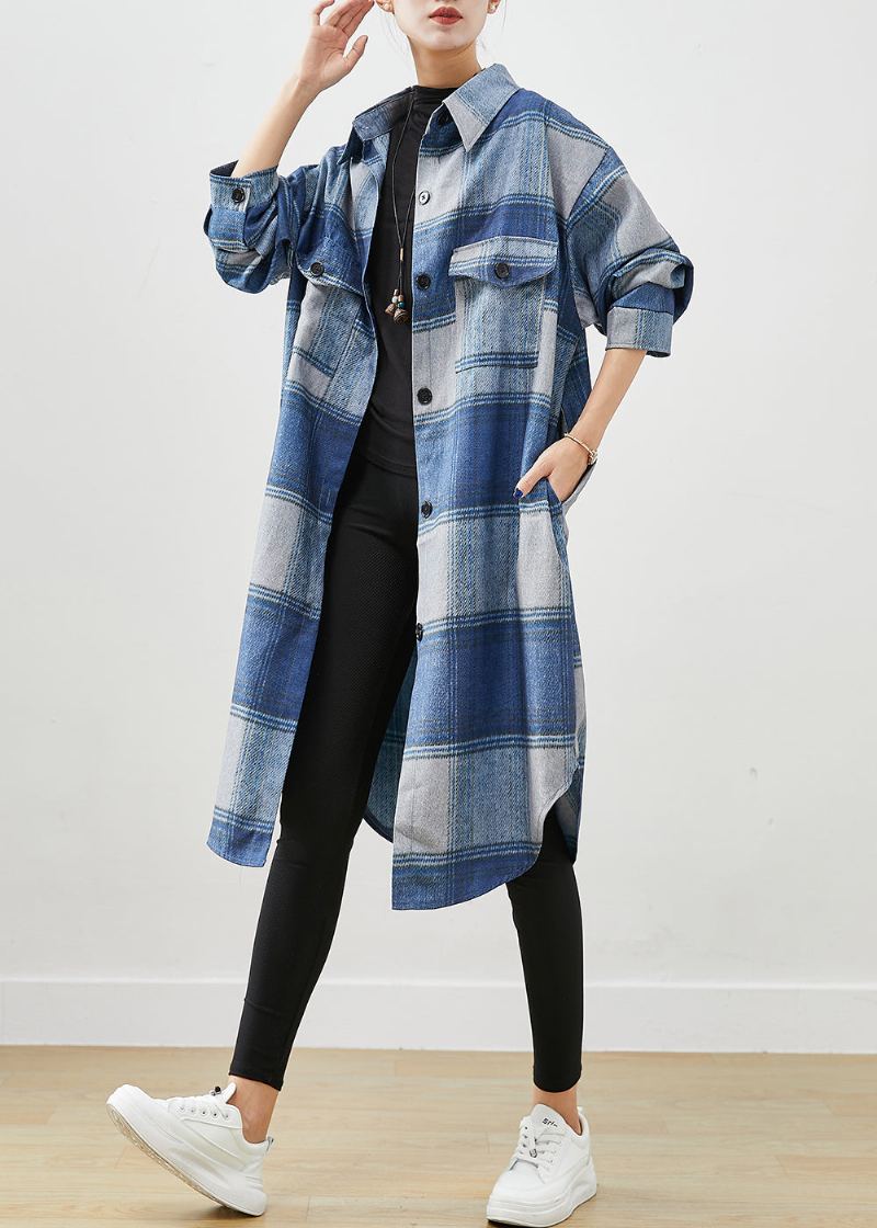 Chemise En Laine À Carreaux Bleus Faits À La Main Trench Coats Automne - Trenchs femmes