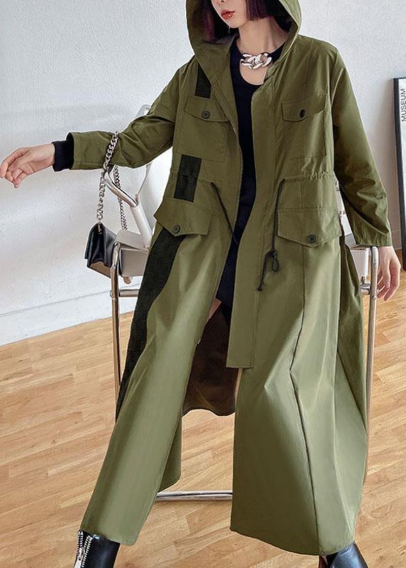 Chic Armée Vert Poches Patchwork Bouton Zippé Automne Cravate Taille Manteau À Capuche À Manches Longues - Trenchs femmes