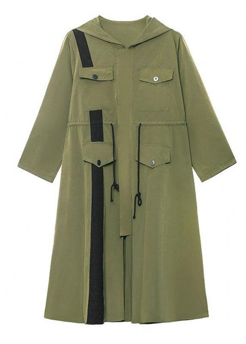 Chic Armée Vert Poches Patchwork Bouton Zippé Automne Cravate Taille Manteau À Capuche À Manches Longues - Trenchs femmes