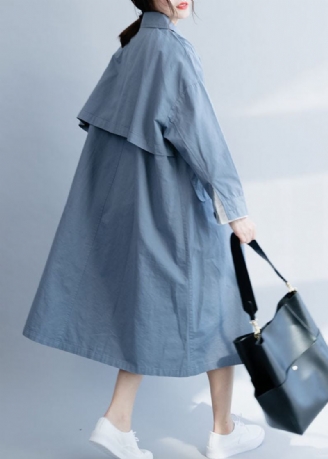 Chic Bleu Col Claudine Bouton Coton Trench Manteaux Printemps