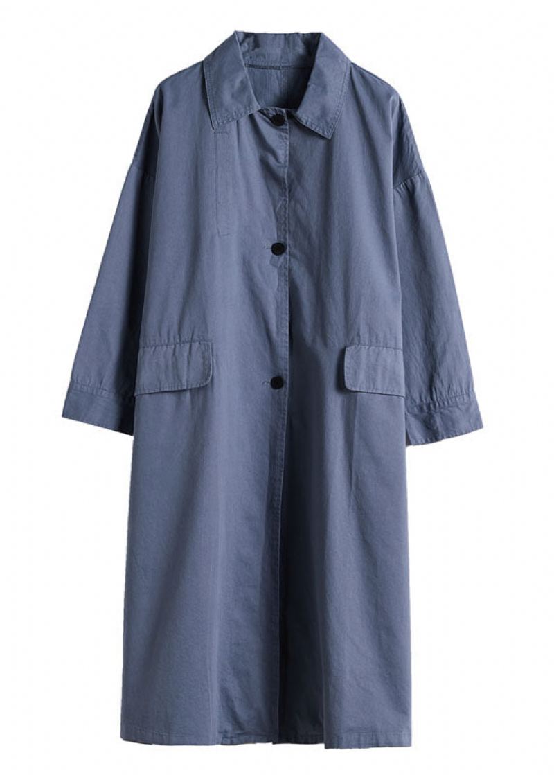 Chic Bleu Col Claudine Bouton Coton Trench Manteaux Printemps - Bleu