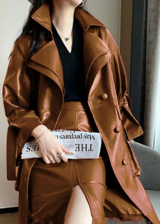 Chic Caramel Cravate Taille Poches Faux Cuir Trench Coat Flare Manches