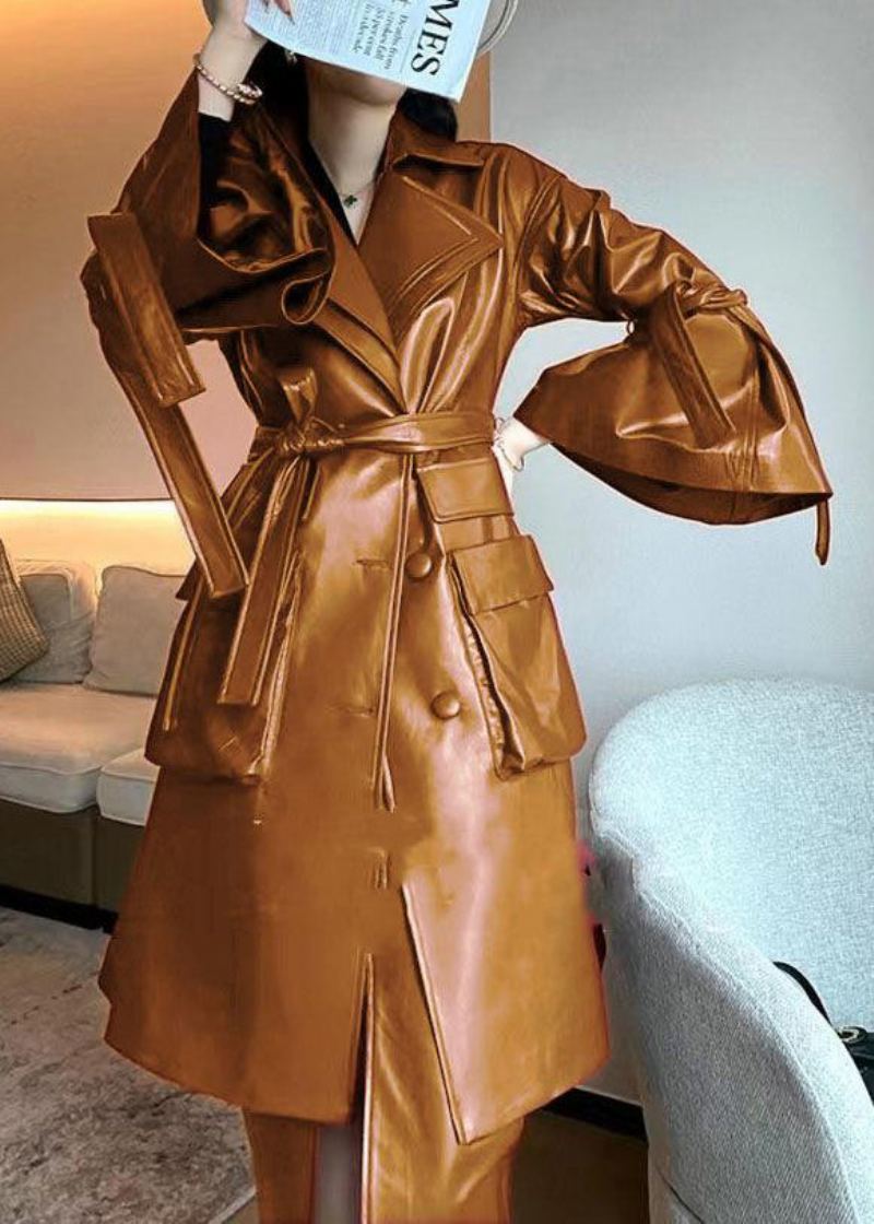 Chic Caramel Cravate Taille Poches Faux Cuir Trench Coat Flare Manches - Trenchs femmes