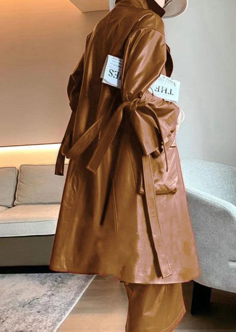 Chic Caramel Cravate Taille Poches Faux Cuir Trench Coat Flare Manches - Trenchs femmes