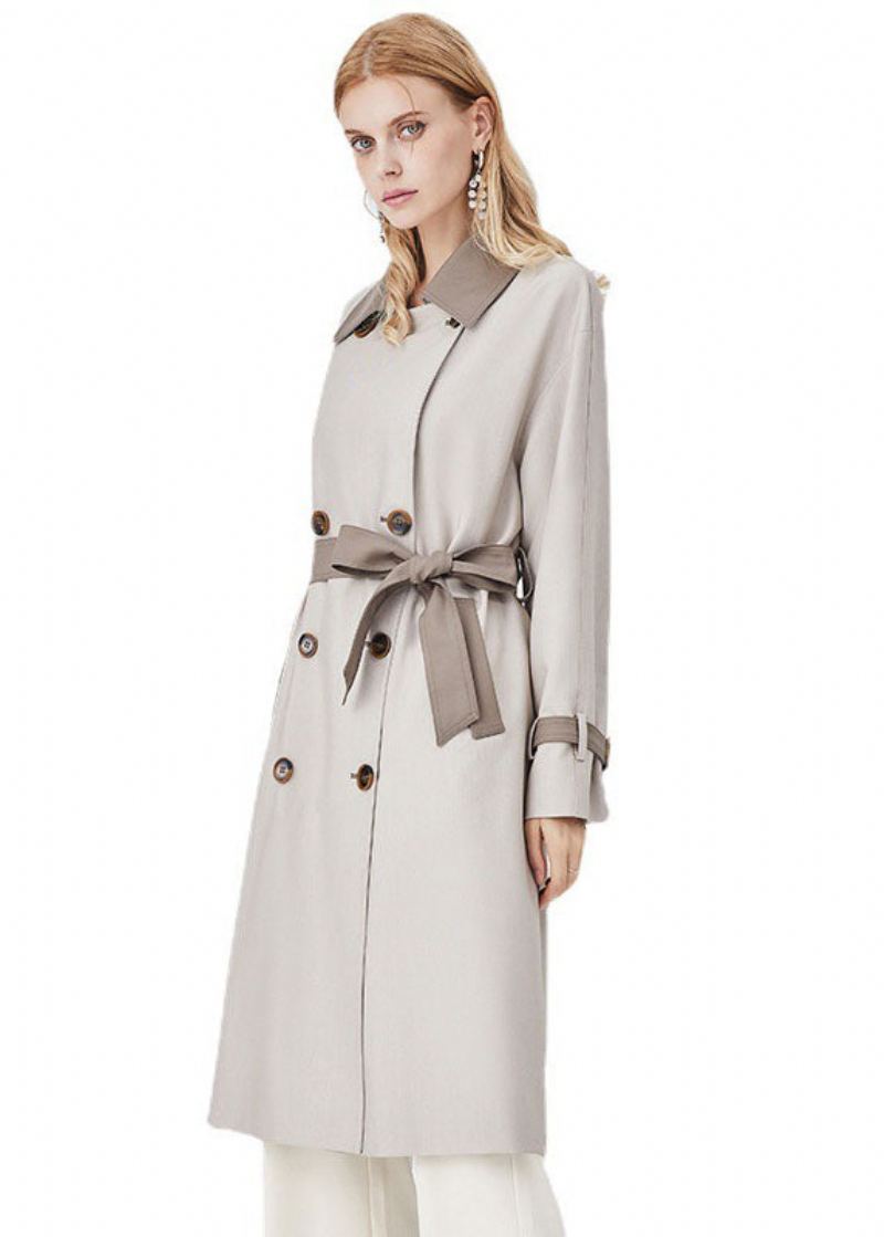 Chic Colorblock Col Rabattu Patchwork Spandex Double Boutonnage Trench Printemps - Trenchs femmes