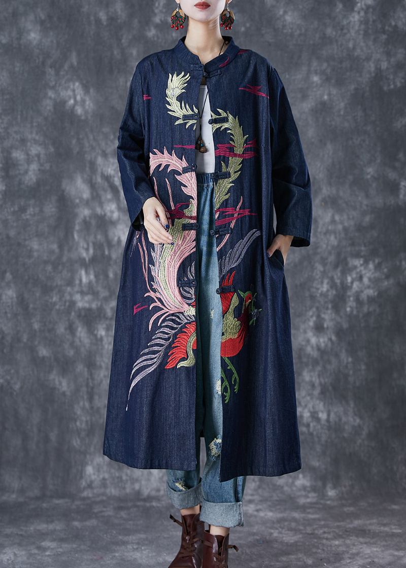 Chic Marine Phoenix Brodé Bouton Chinois Denim Trench Automne