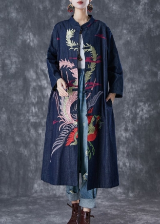 Chic Marine Phoenix Brodé Bouton Chinois Denim Trench Automne