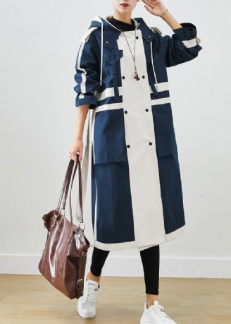 Chic Marine Surdimensionné Patchwork Conception Originale Coton Trench Manteaux Automne