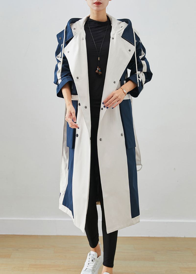 Chic Marine Surdimensionné Patchwork Conception Originale Coton Trench Manteaux Automne - Trenchs femmes