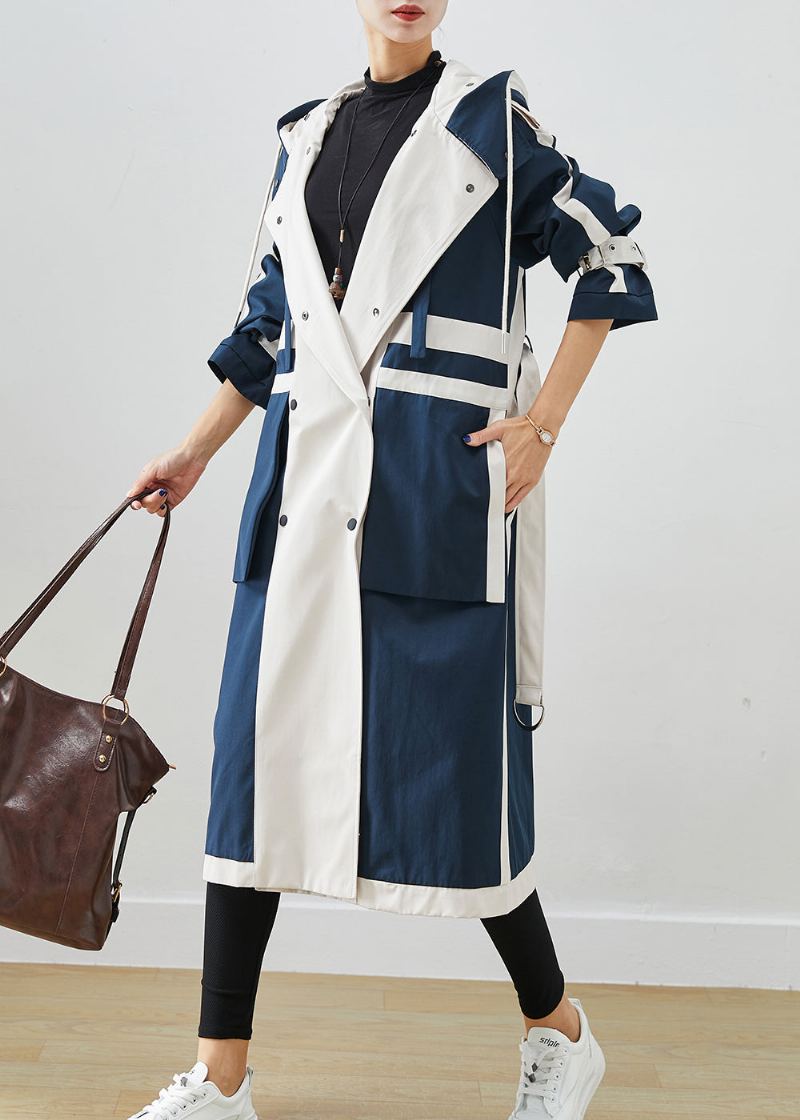 Chic Marine Surdimensionné Patchwork Conception Originale Coton Trench Manteaux Automne - Trenchs femmes