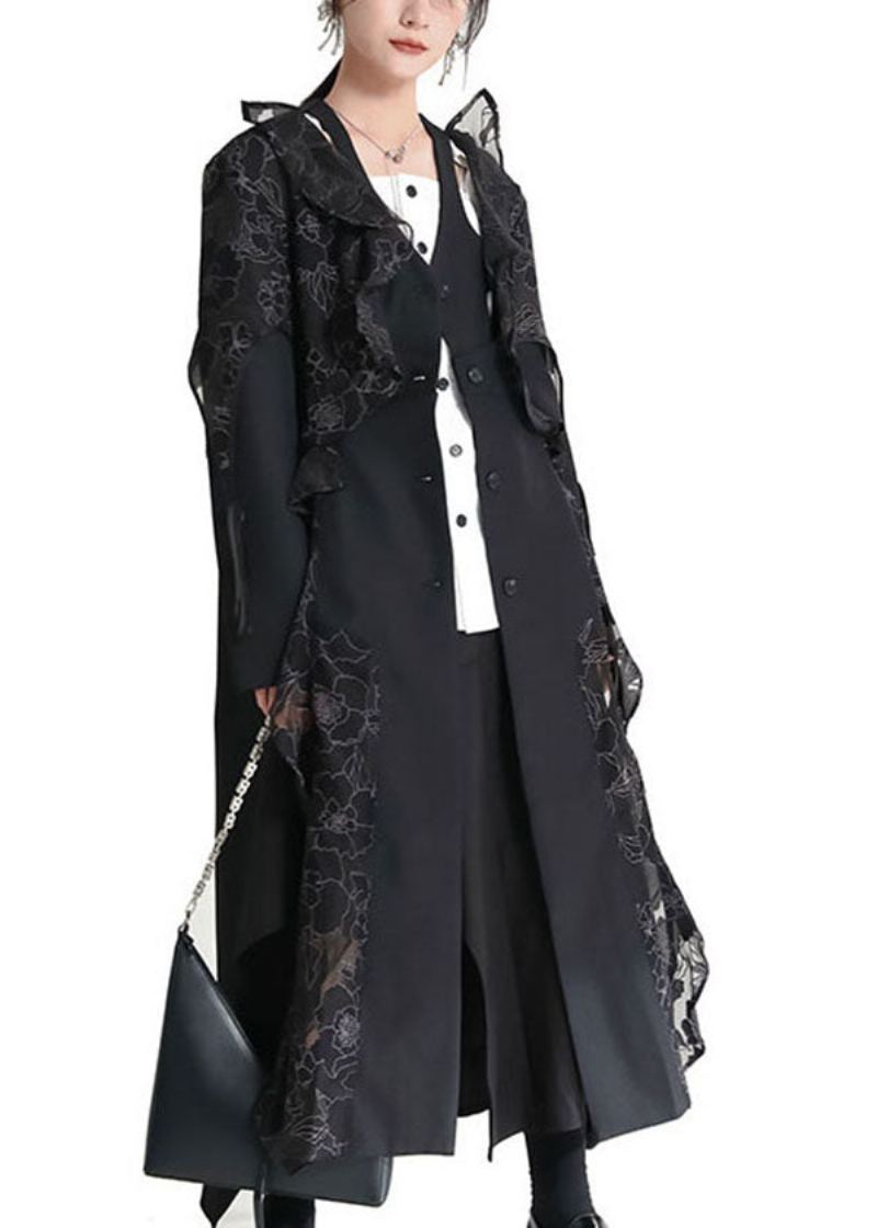 Chic Noir Asymétrique À Volants Patchwork Tulle Trench Manteaux Automne - Trenchs femmes