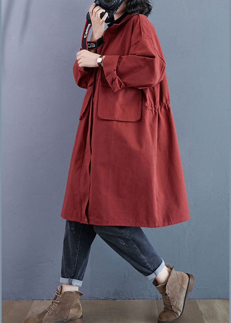 Chic Rouge Col Montant Poches Zippées Automne Manches Longues Trenchs - Trenchs femmes