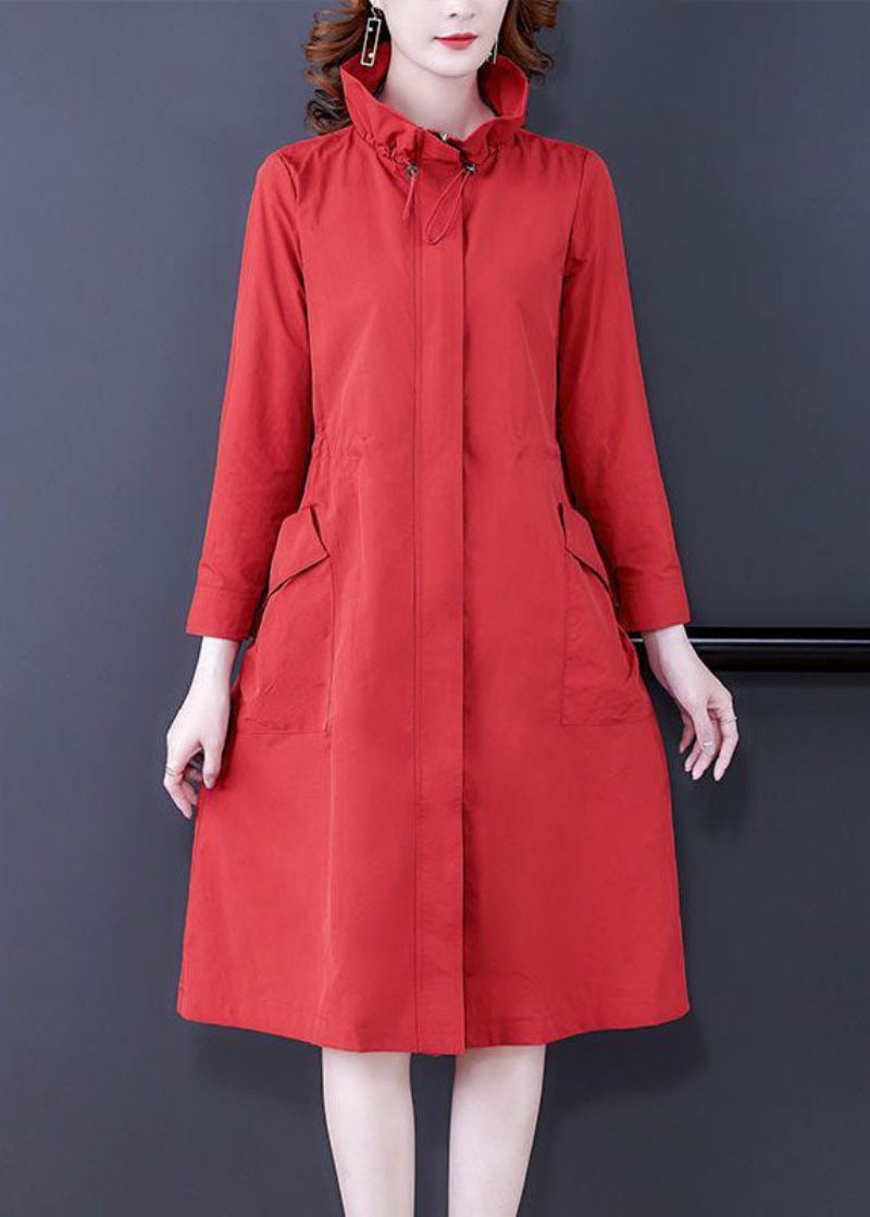 Col Montant Rouge Moderne Zippé Manteau En Soie Vêtements D'extérieur À Manches Longues - Rouge