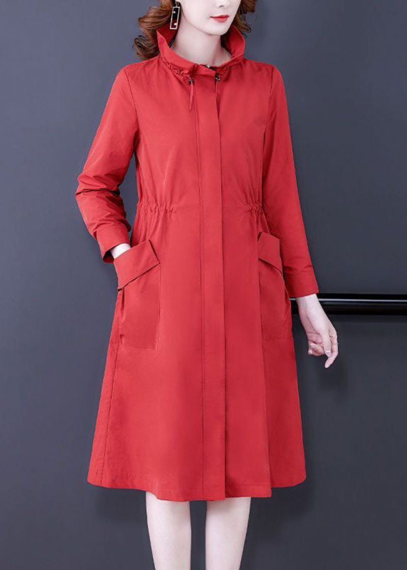 Col Montant Rouge Moderne Zippé Manteau En Soie Vêtements D'extérieur À Manches Longues - Rouge