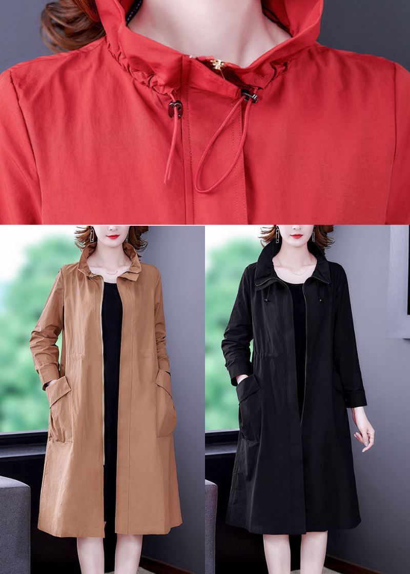 Col Montant Rouge Moderne Zippé Manteau En Soie Vêtements D'extérieur À Manches Longues - Rouge