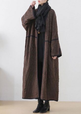 Couleur Chocolat Col En V Patchwork Laine Trench Manteaux À Manches Longues