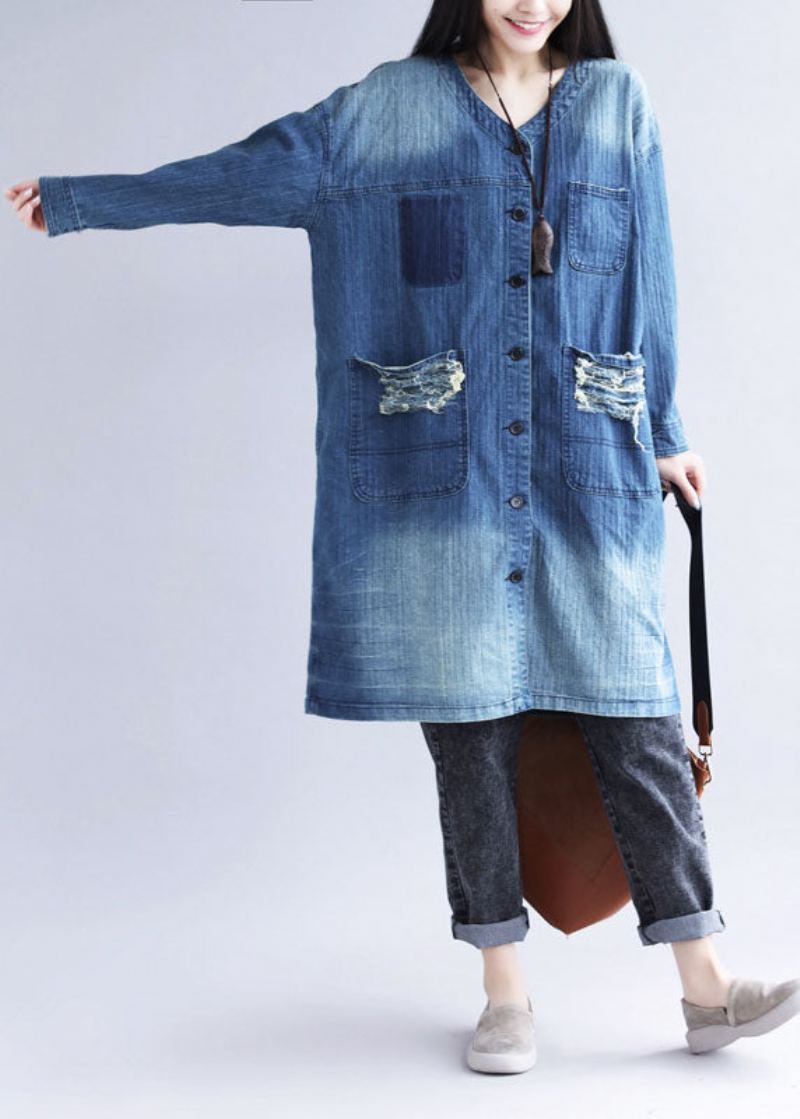 Décontracté Bleu Col En V Poches Déchirées Imprimé Coton Denim Trench Printemps