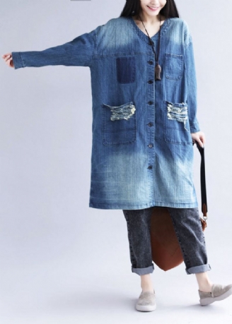 Décontracté Bleu Col En V Poches Déchirées Imprimé Coton Denim Trench Printemps